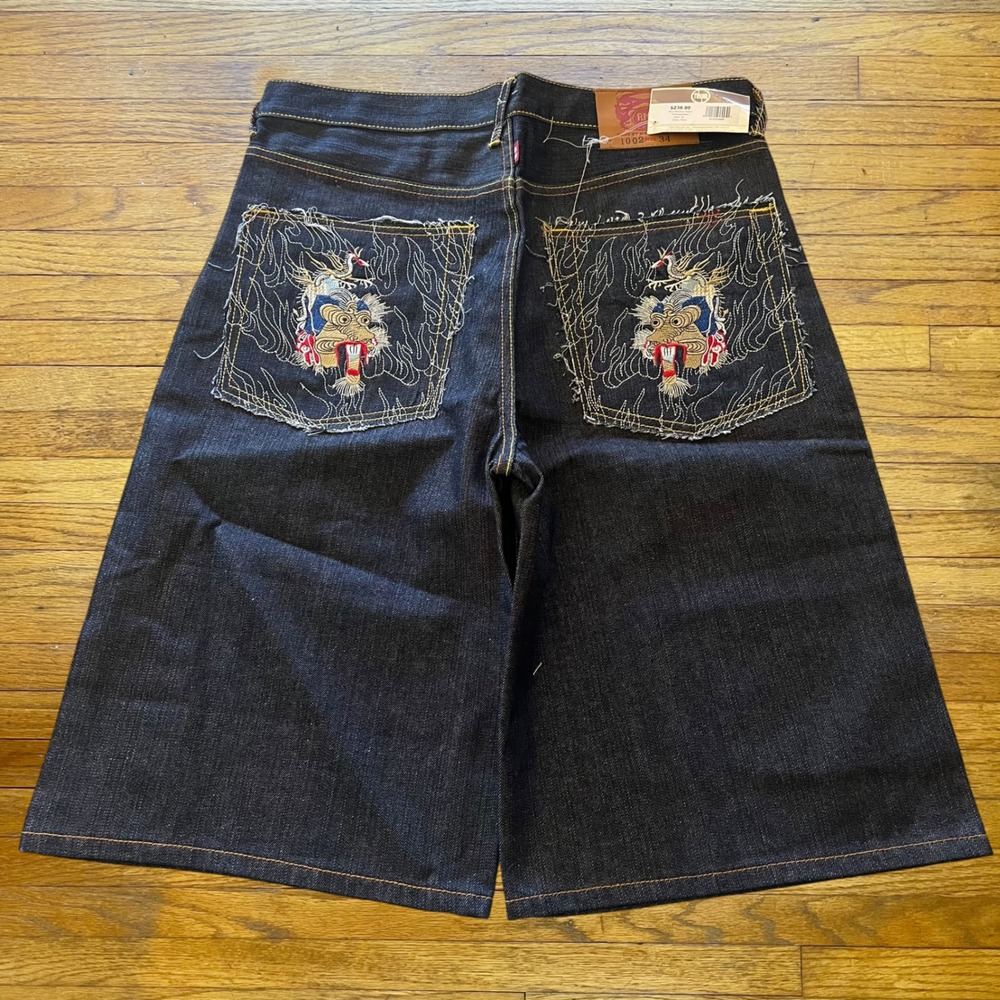 Red Monkey Company RMC Martin Yat Ming Embroidered Raw Denim Shorts Mens 34
